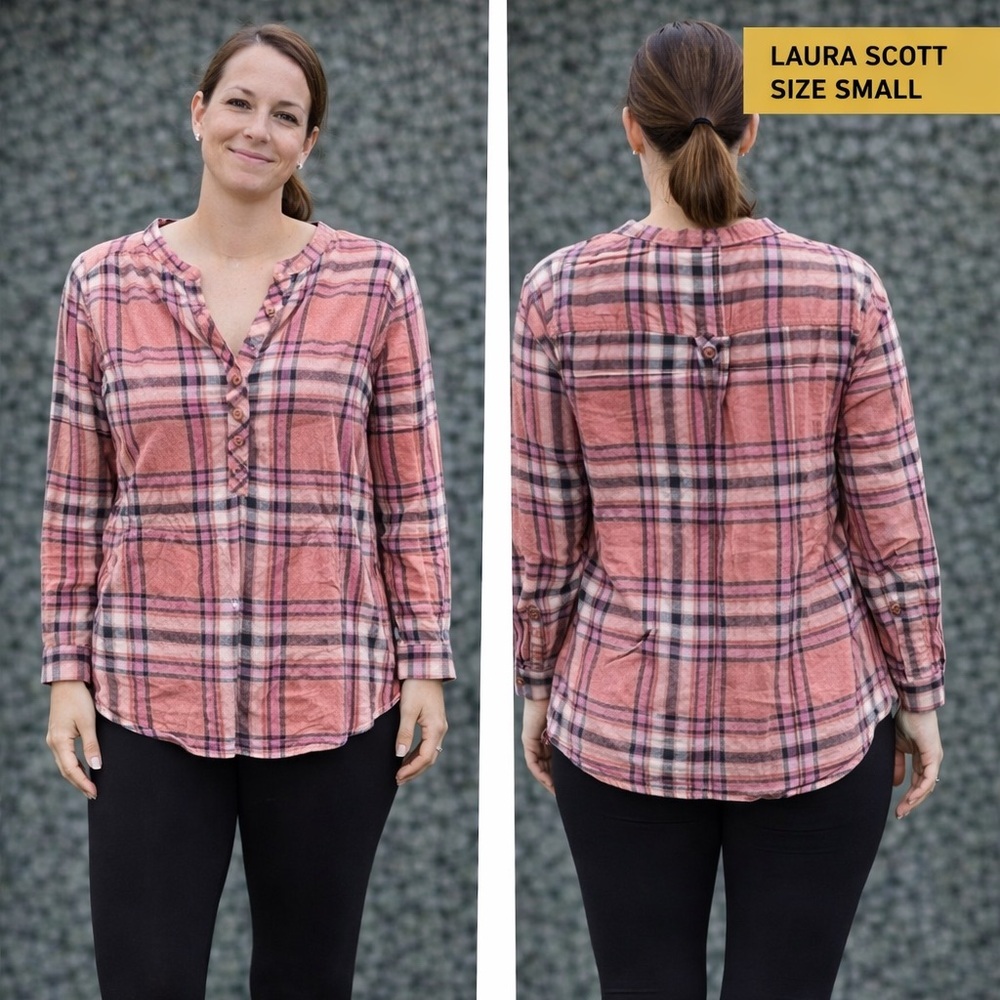 Laura Scott Pink and White Plaid flannel Button-Up Shirt SMALL